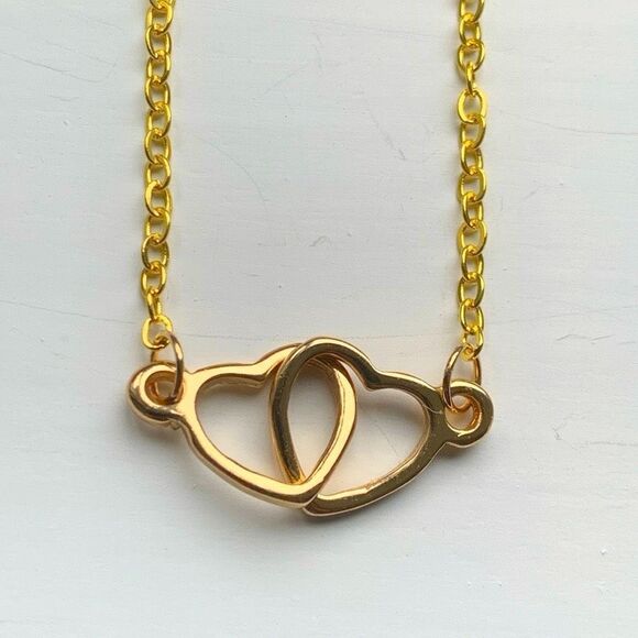 Double Interlocking Hearts Love Necklace in 14k Gold Vermeil in Gift Pouch - NEW - Picture 4 of 11